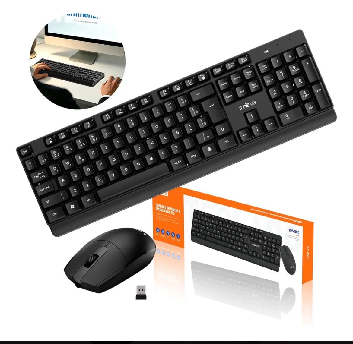 Kit Teclado e Mouse Sem Fio Inova layout ABNT2 2.4g